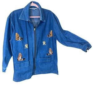 Vintage Casey Coleman Denim Dog Embroidered Jacket Shacket 100% Cotton Zip